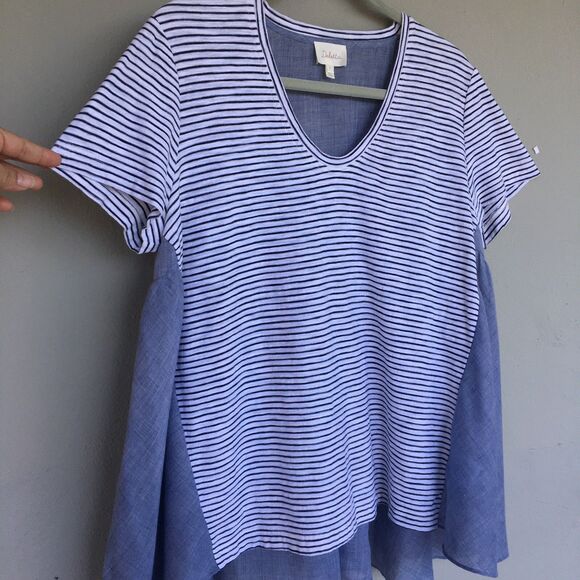 Deletta Anthropologie Callisto Swing Top M Blue Black Stripes Peplum Tee Coastal - Picture 7 of 13
